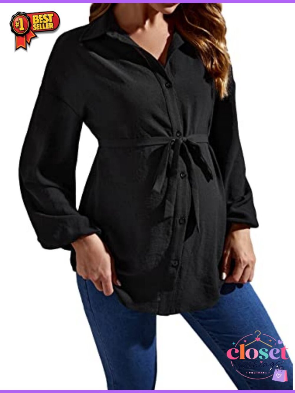Maternity Blouse Long Sleeve Belted Button Down Bishop Sleeve Work Top